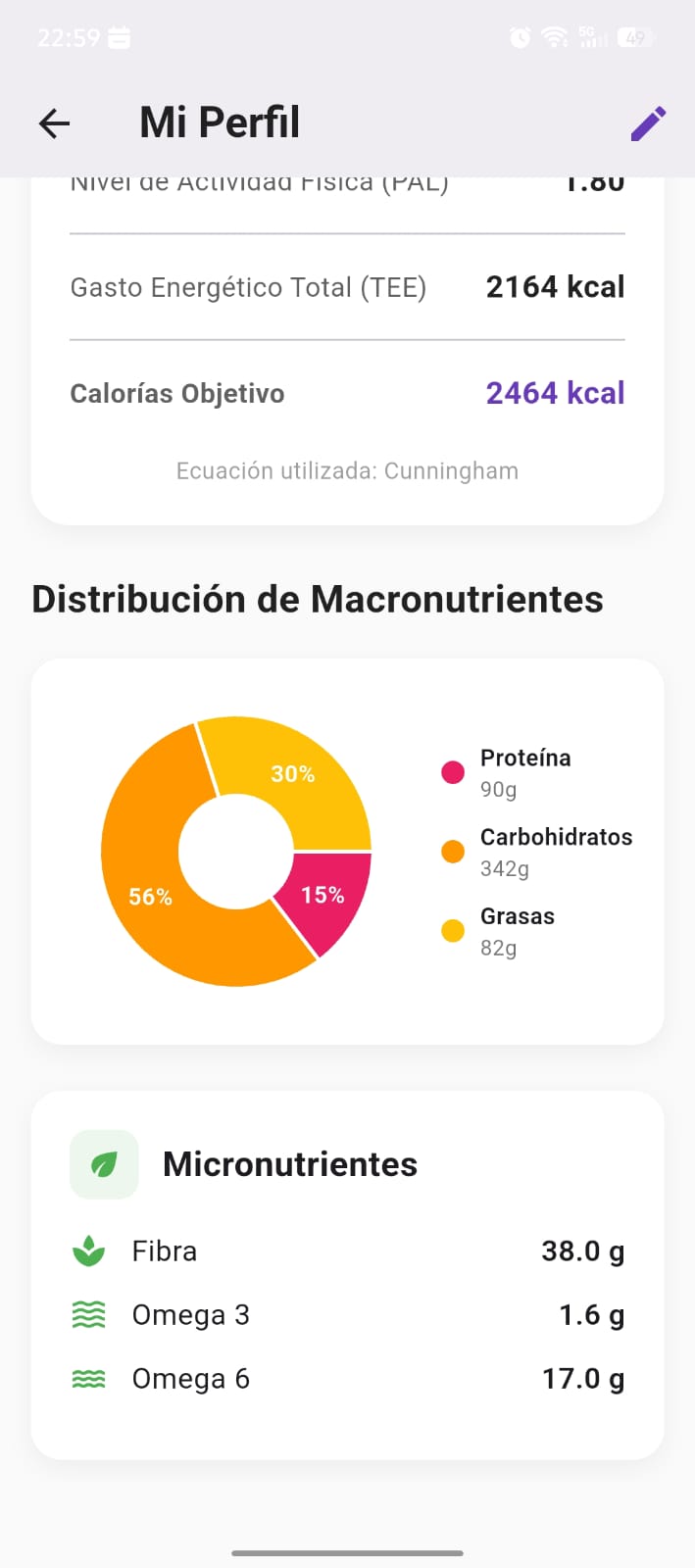 Pantalla de perfil nutricional